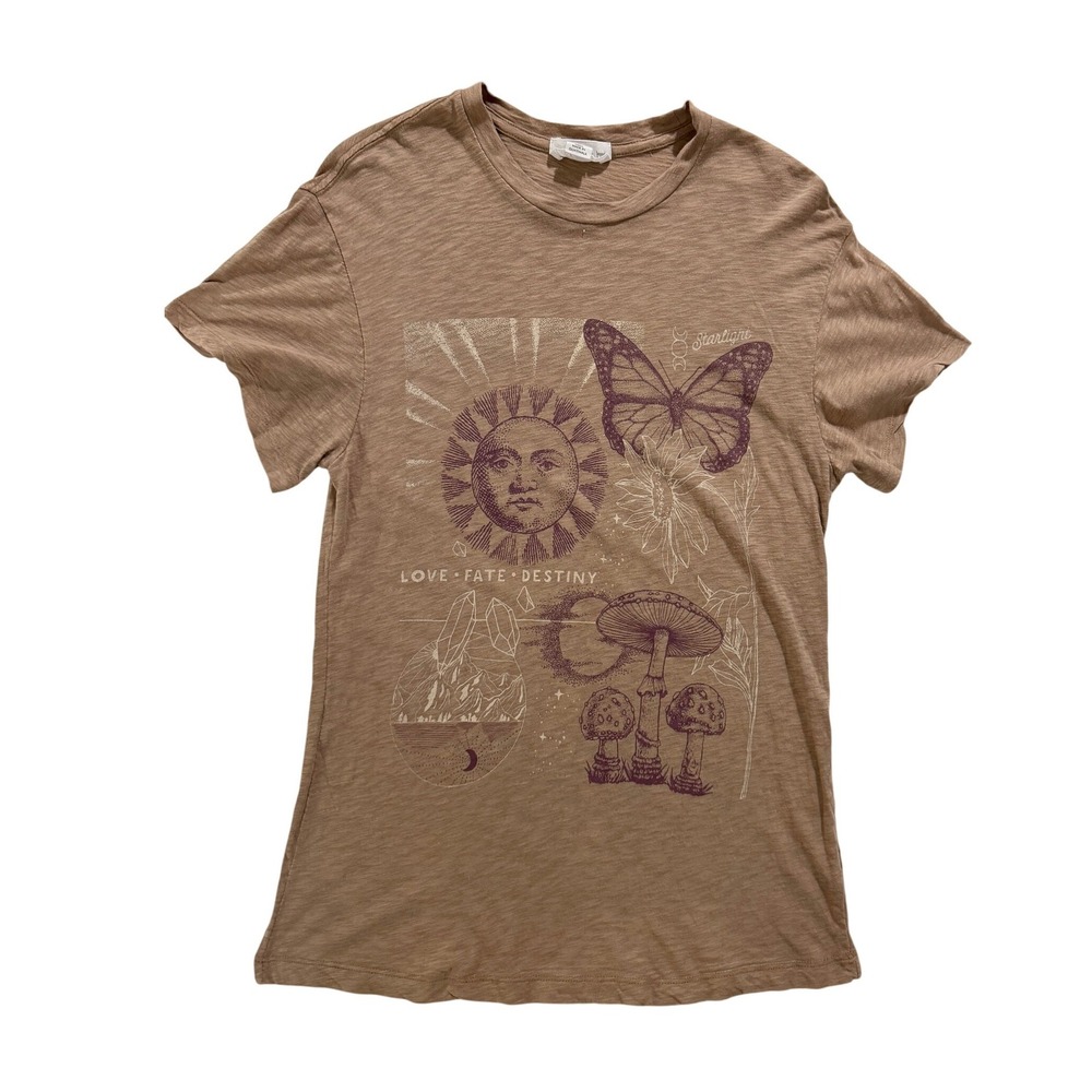 Outlaw Graphic Tee Sun Butterfly Mushroom Tan Brown Small Boho